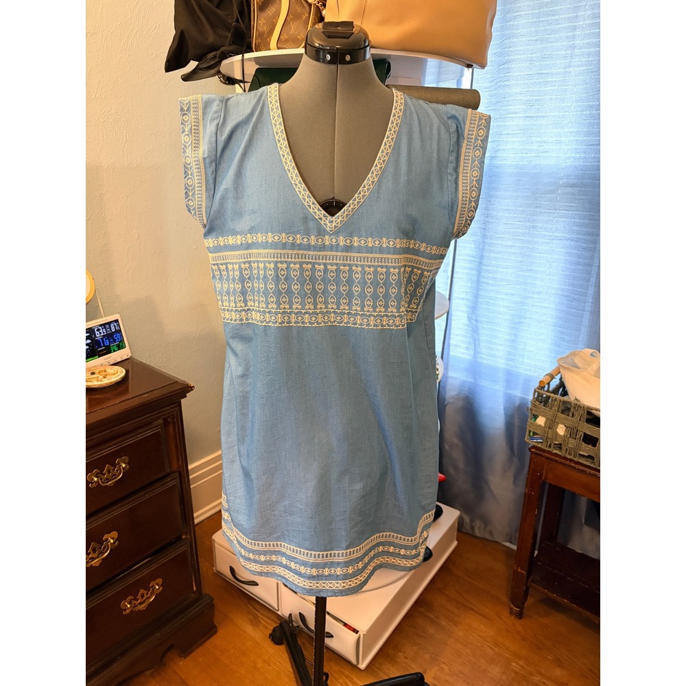 Joy Joy Tunic Dress L Blue White Embroidered Cotton V-Neck Boho Summer Beach